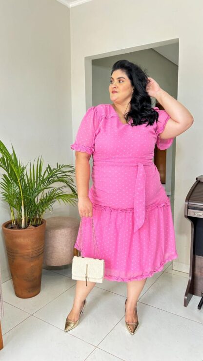 Vestido Semi Godê Com Tecido Texturizado Poá Laura Rosa Jeans - Imagem 9