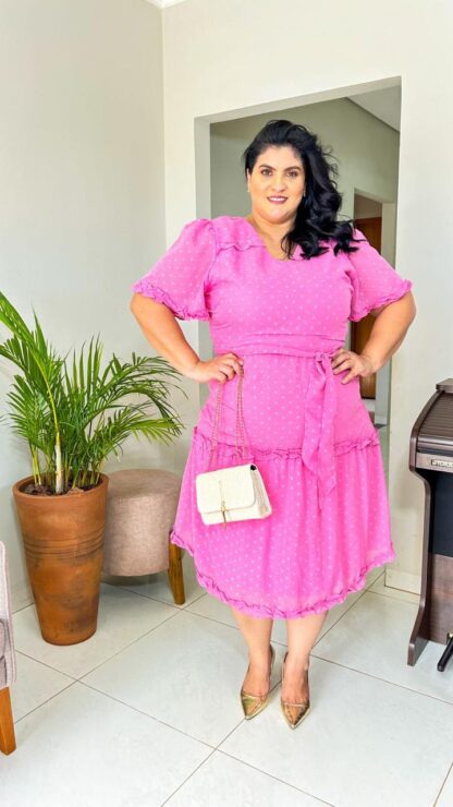 Vestido Semi Godê Com Tecido Texturizado Poá Laura Rosa Jeans - Imagem 8