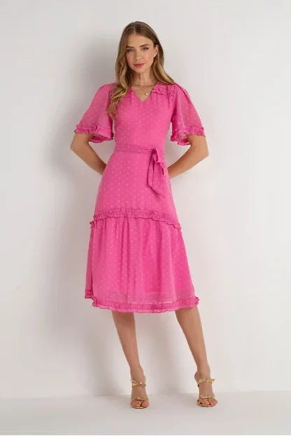 Vestido Semi Godê Com Tecido Texturizado Poá Laura Rosa Jeans - Imagem 2