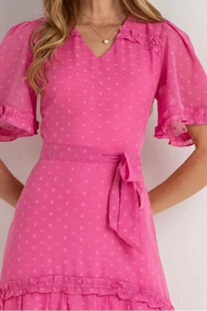 Vestido Semi Godê Com Tecido Texturizado Poá Laura Rosa Jeans - Imagem 7