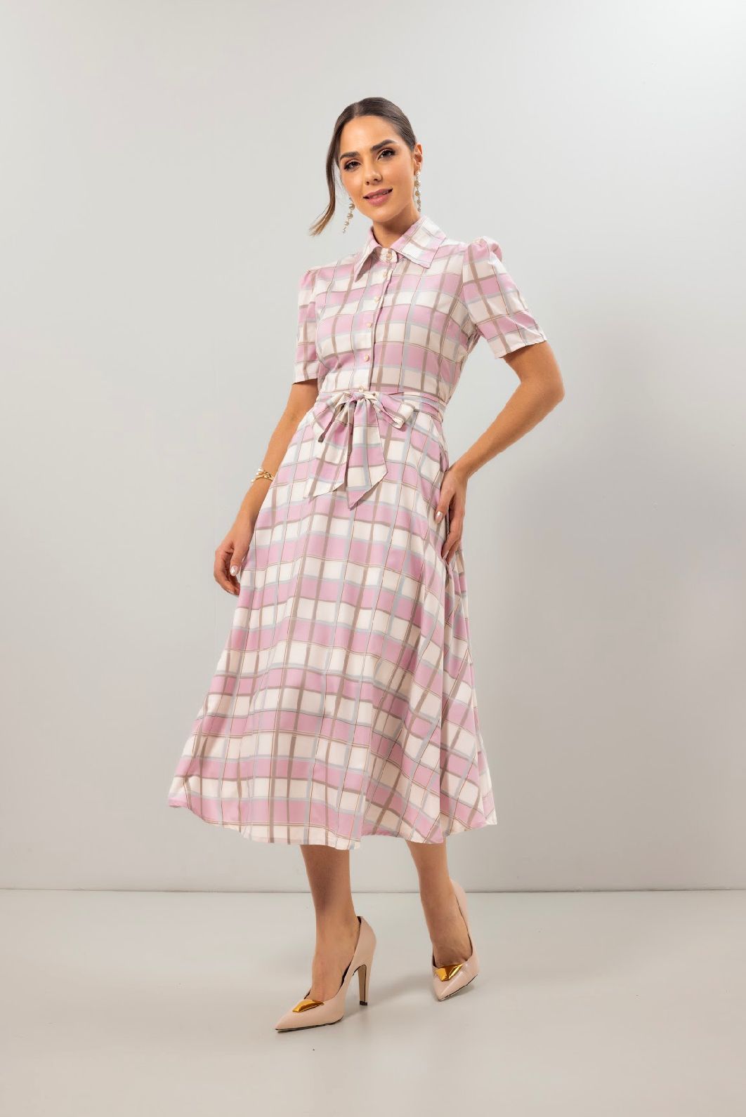 Vestido Godê crepe xadrez Laura Rosa - 810949 - Imagem 4