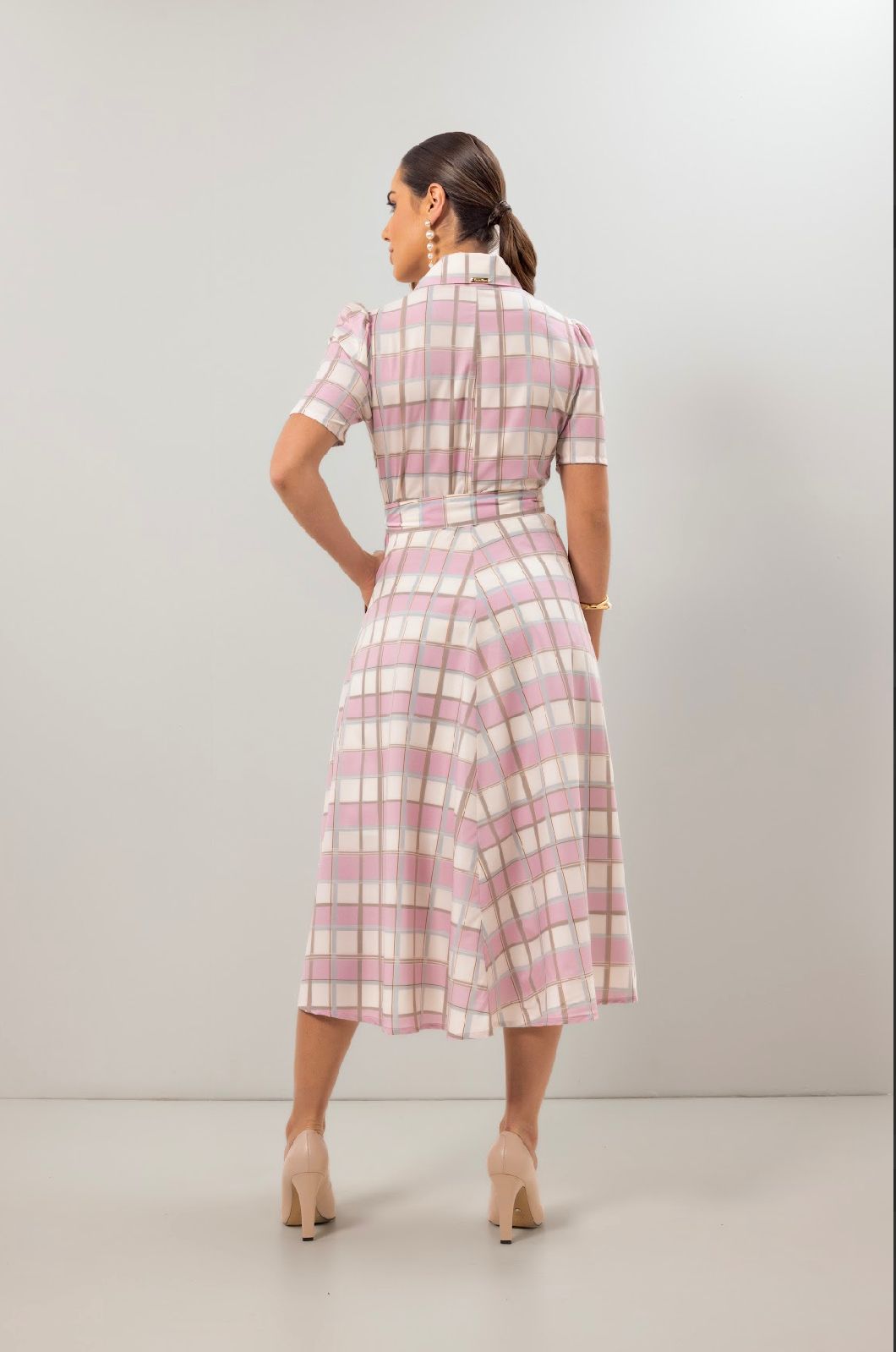 Vestido Godê crepe xadrez Laura Rosa - 810949 - Imagem 3