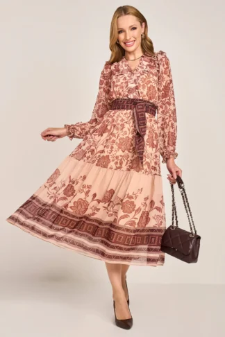 Vestido Marrom Estampa Exclusiva Étnica Floral Decote V Evasê Midi - Fascinius