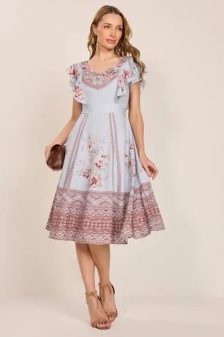 Vestido Azul Estampa Geométrica E Floral Godê Curto - Fascinius