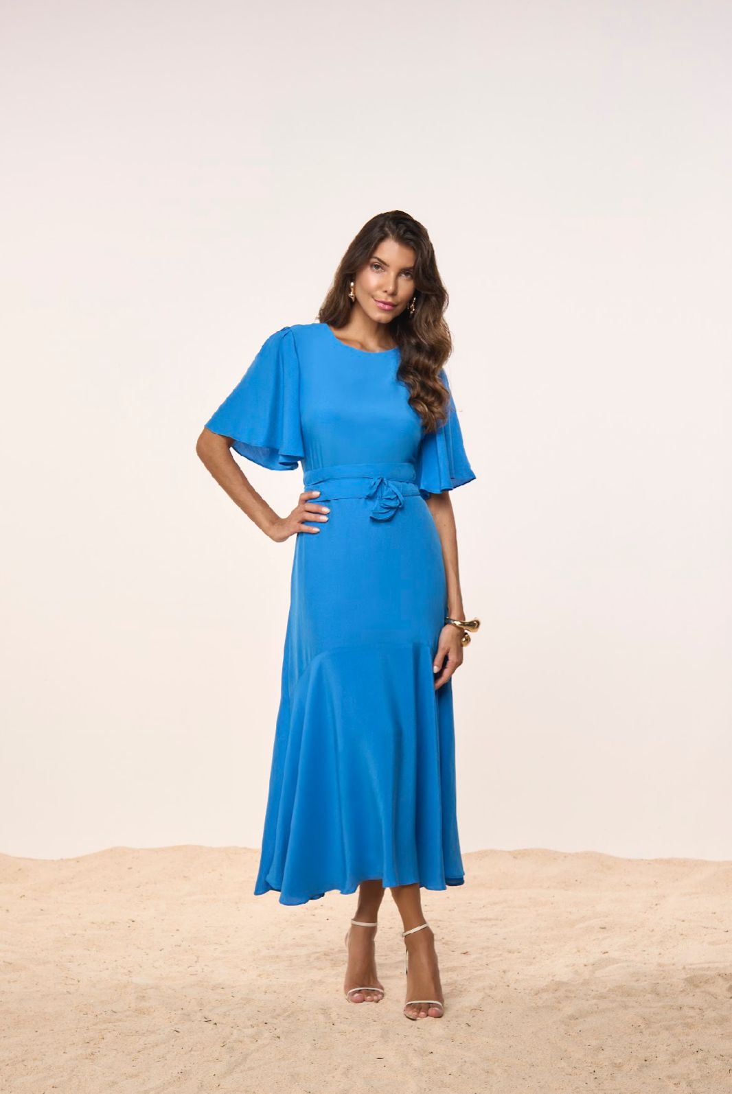 Vestido de tecido plano com cinto azul 130cm - 27925 Titanium