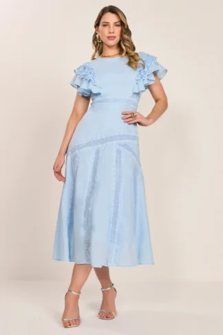 Vestido Azul Delavê Tule Bordado E Manga Com Babado Evasê Midi - Fascinius