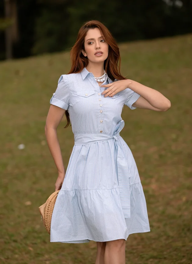 VESTIDO XADREZ AZUL EM TRIOLINE NATALIA - JANY PIM - Imagem 5