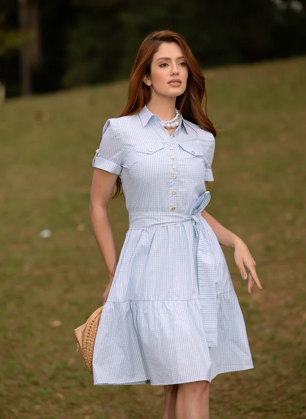 VESTIDO XADREZ AZUL EM TRIOLINE NATALIA - JANY PIM - Imagem 4