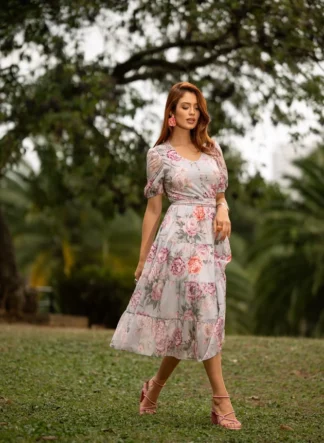 VESTIDO FLORAL EM TECIDO CHIFFON TOQUE DE SEDA EDUARDA - JANY PIM