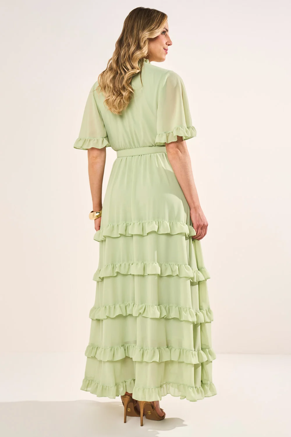 Vestido Verde Mangas Evasê Decote V Godê Longo - Fascinius - Imagem 2