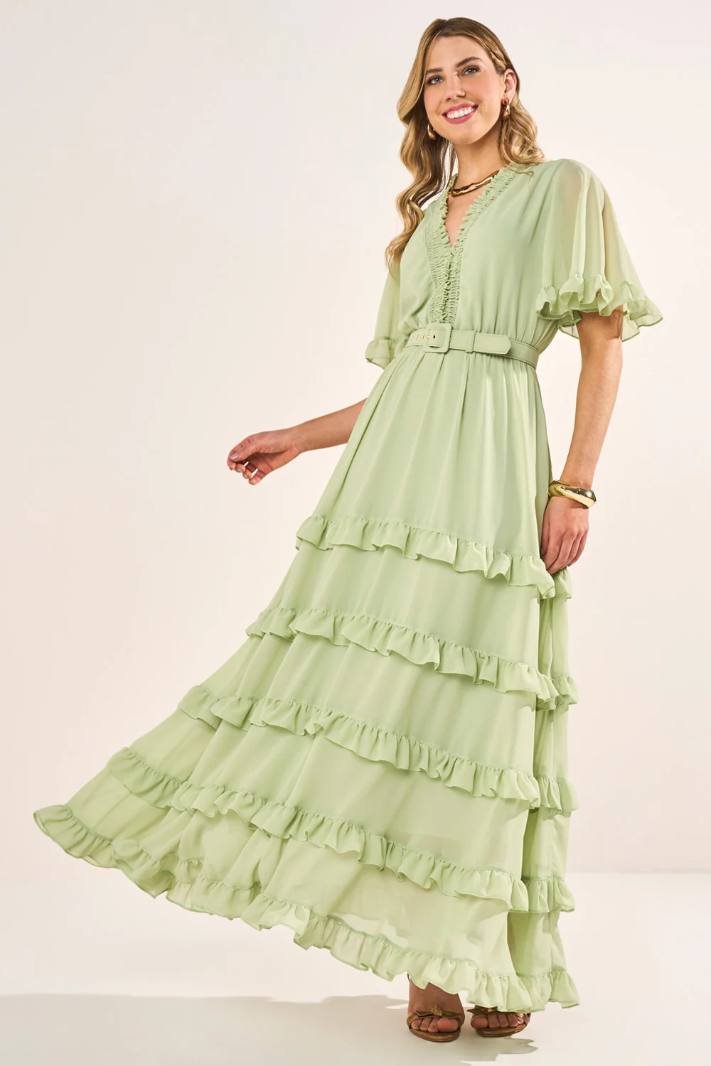 Vestido Verde Mangas Evasê Decote V Godê Longo - Fascinius