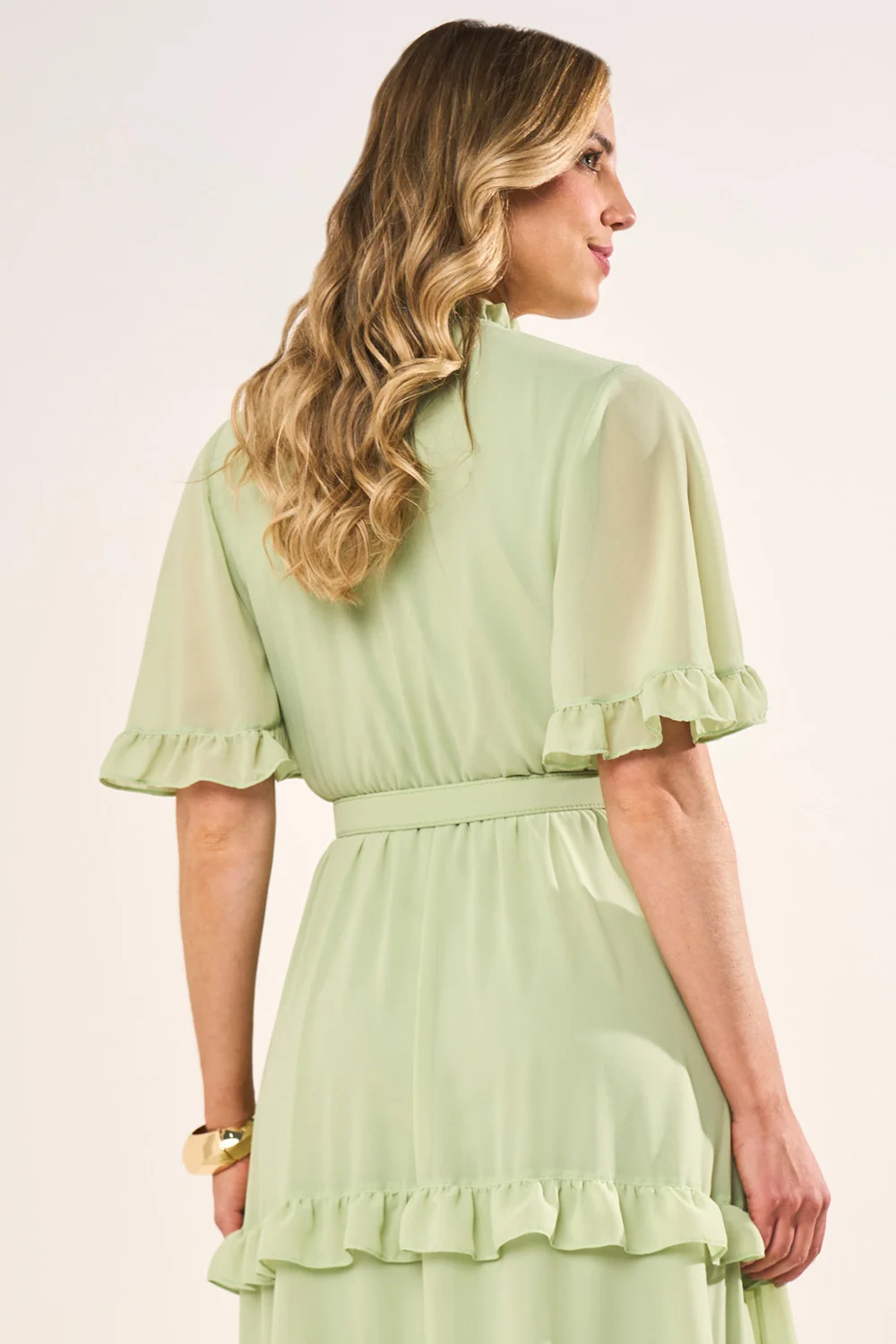 Vestido Verde Mangas Evasê Decote V Godê Longo - Fascinius - Imagem 3