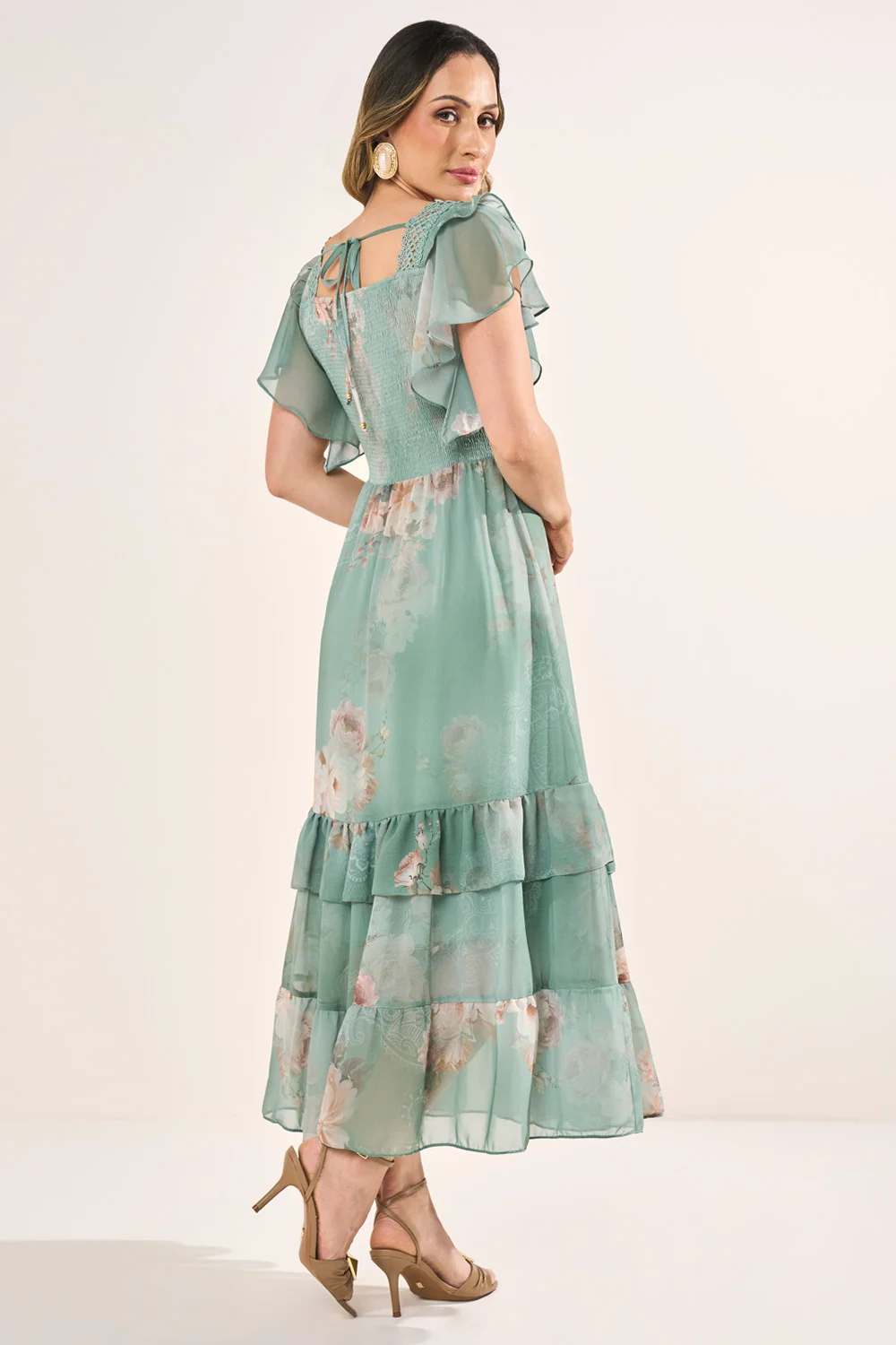 Vestido Verde Estampa Floral Exclusiva Evasê Midi - Fascinius - Imagem 2