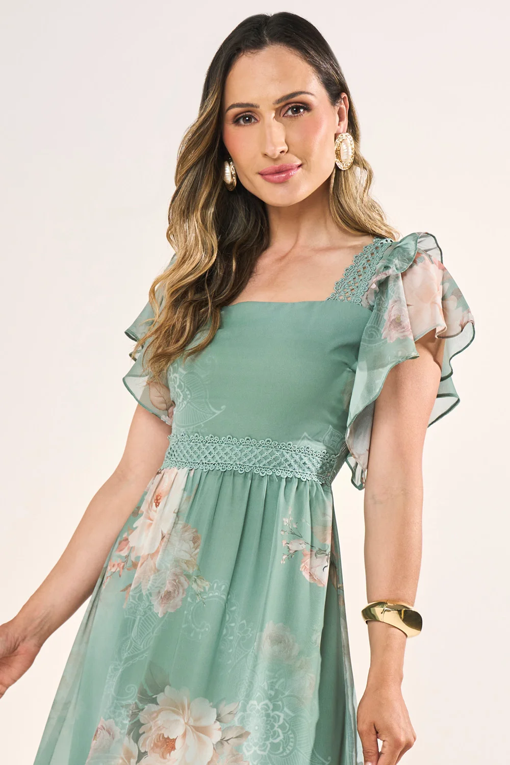 Vestido Verde Estampa Floral Exclusiva Evasê Midi - Fascinius - Imagem 3
