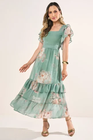 Vestido Verde Estampa Floral Exclusiva Evasê Midi - Fascinius