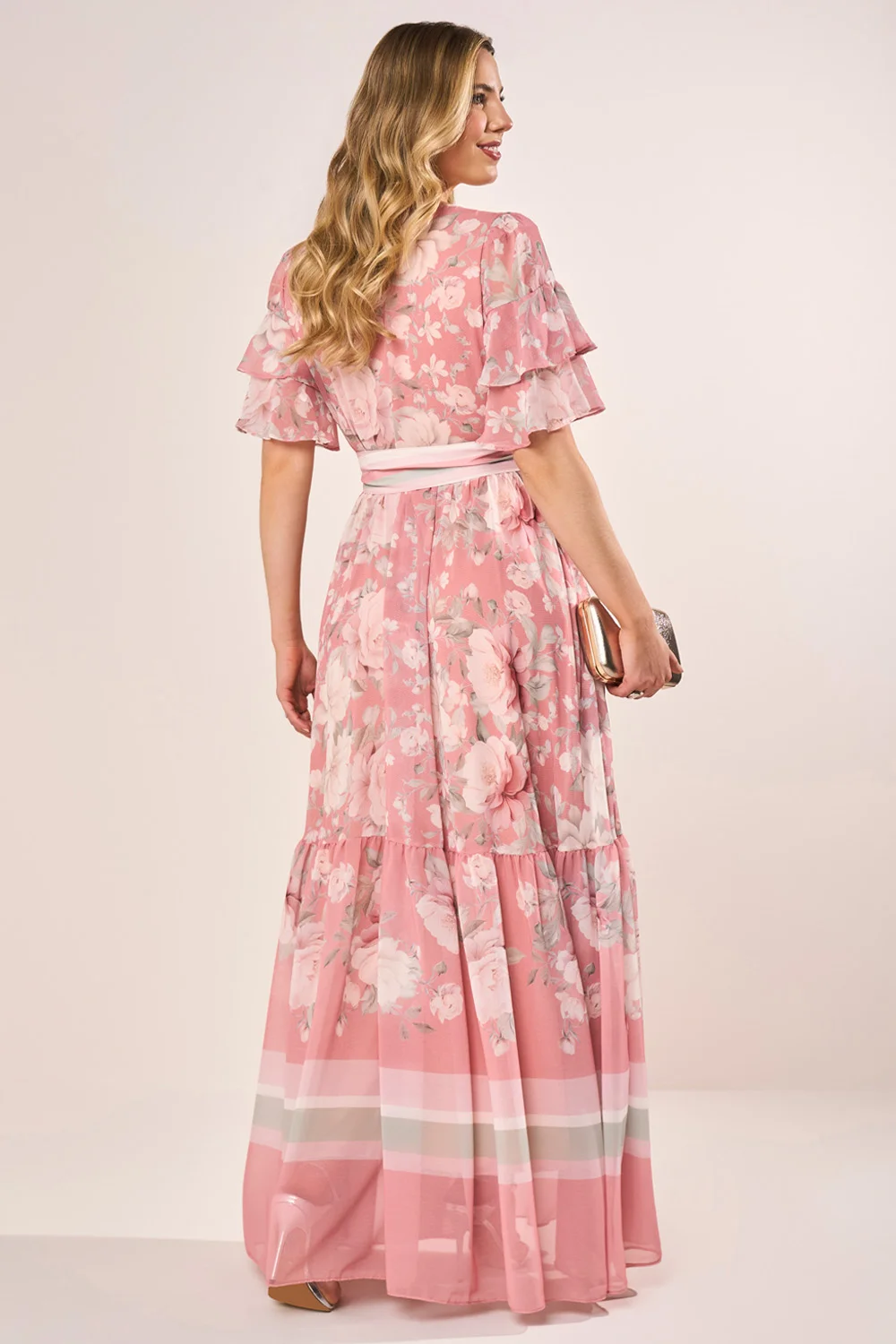 Vestido Rosa Floral Com Babados Em Camadas Evasê Longo - Fascinius - Imagem 2