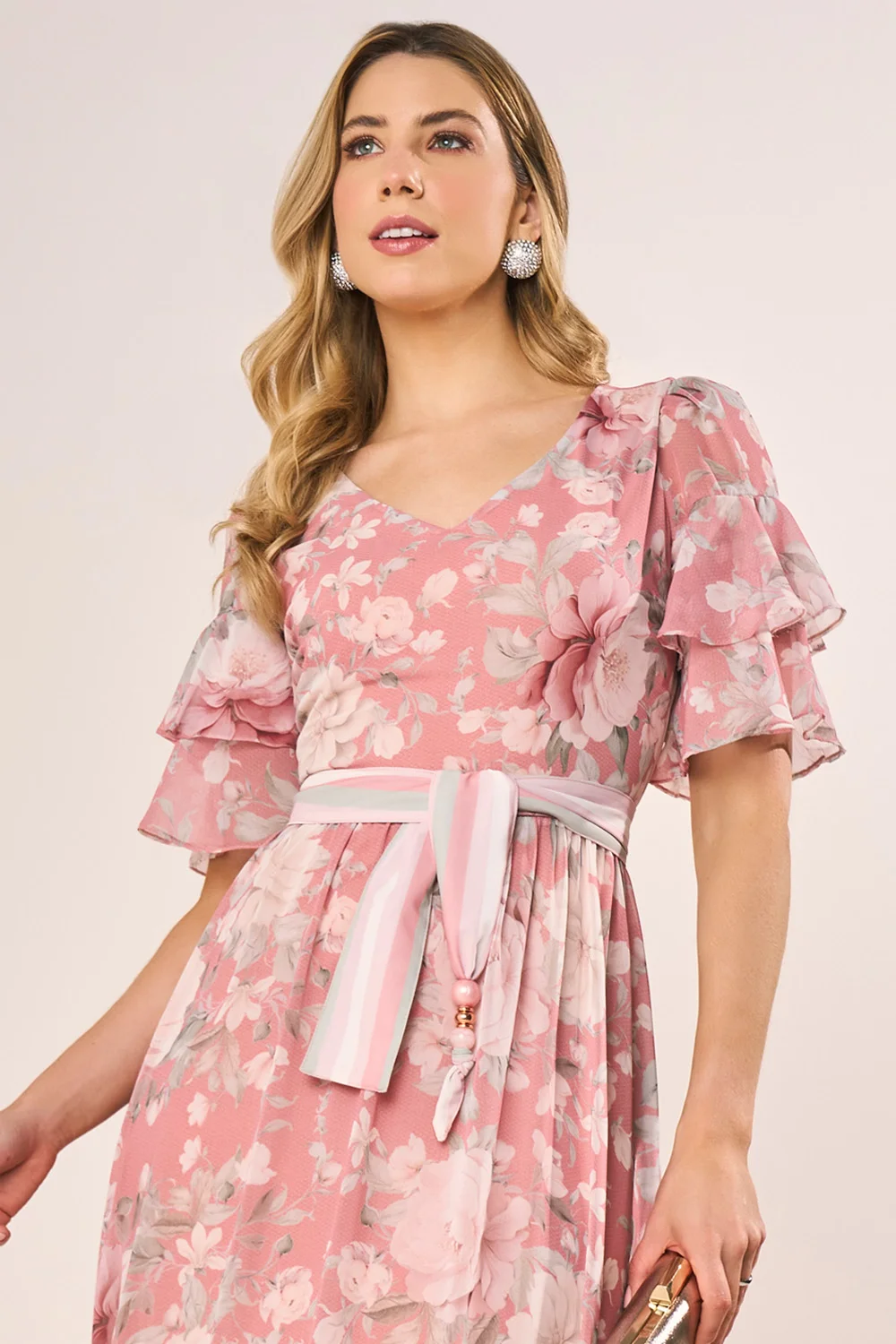 Vestido Rosa Floral Com Babados Em Camadas Evasê Longo - Fascinius - Imagem 4
