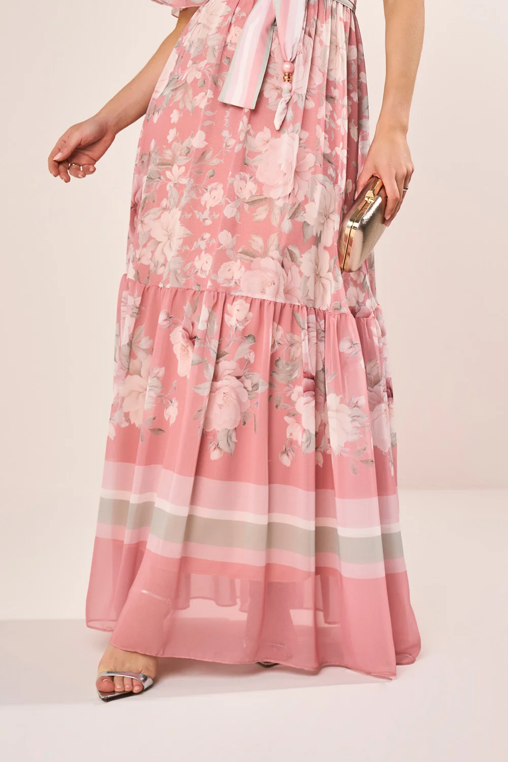 Vestido Rosa Floral Com Babados Em Camadas Evasê Longo - Fascinius - Imagem 5