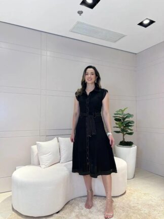 Vestido linho evase rebatido preto - Expressão