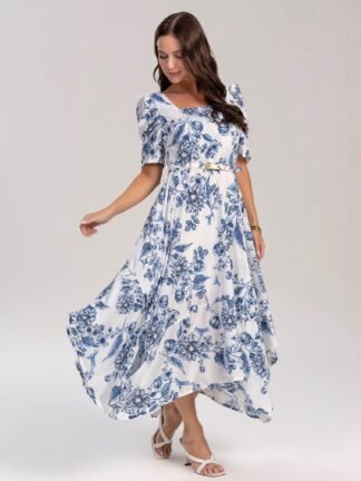 811131- Vestido de crepe estampado com faixa - Laura Rosa