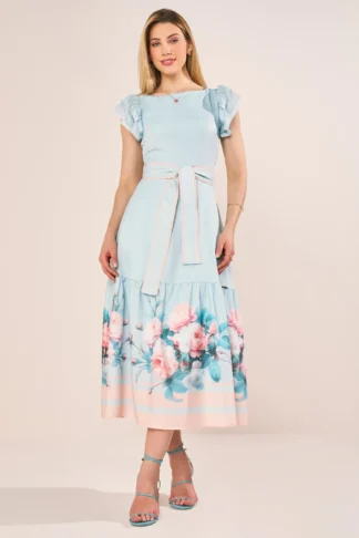 Vestido Azul Estampa Floral Exclusiva Godê Midi Fascinius