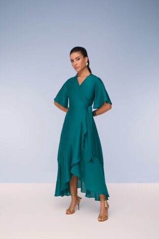 Vestido com Transpasse e babado verde - 28095 Titanium