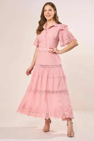 Vestido Chemise Rosa Com Guipir E Babados Evasê Midi Fascinius