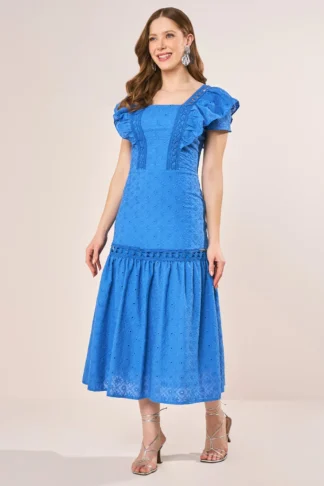 Vestido Azul Em Laise Com Guipir E Babados Evasê Midi Fascinius