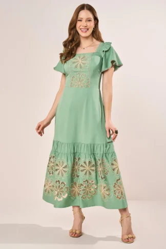 Vestido Verde Com Com Bordado Richelieu Evasê Midi Fascinius