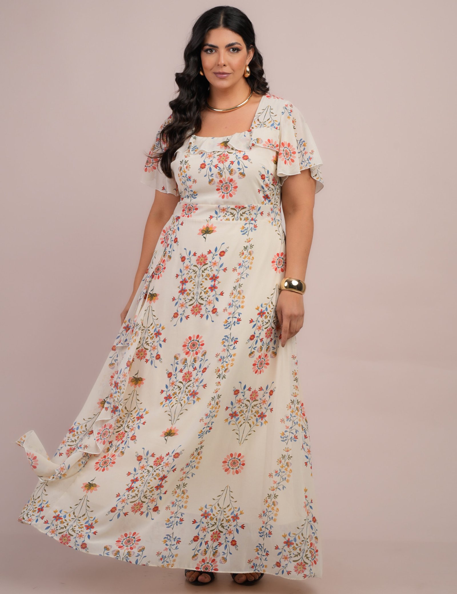 Vestido Longo Chiffon Estampado Floral Bege - Dona Charme - Imagem 4