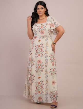 Vestido Longo Chiffon Estampado Floral Bege - Dona Charme
