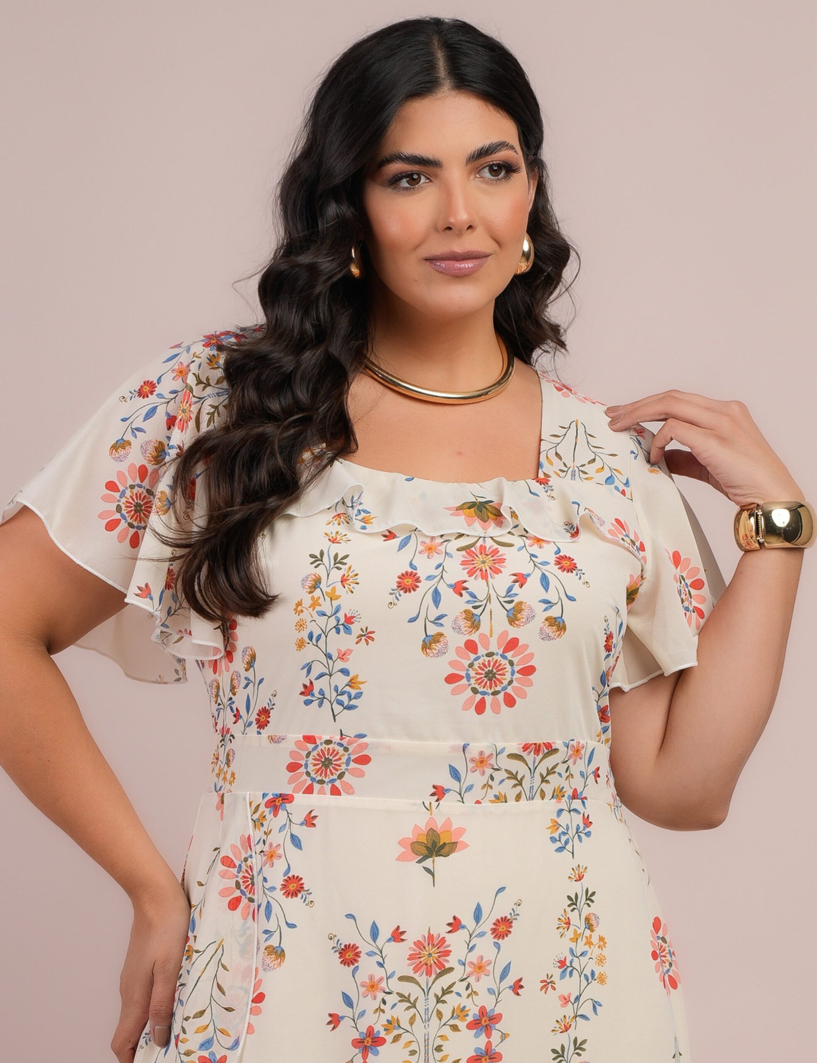 Vestido Longo Chiffon Estampado Floral Bege - Dona Charme - Imagem 3