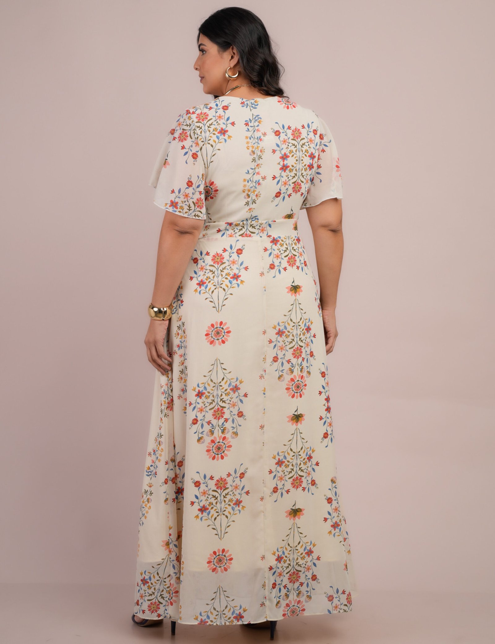 Vestido Longo Chiffon Estampado Floral Bege - Dona Charme - Imagem 2