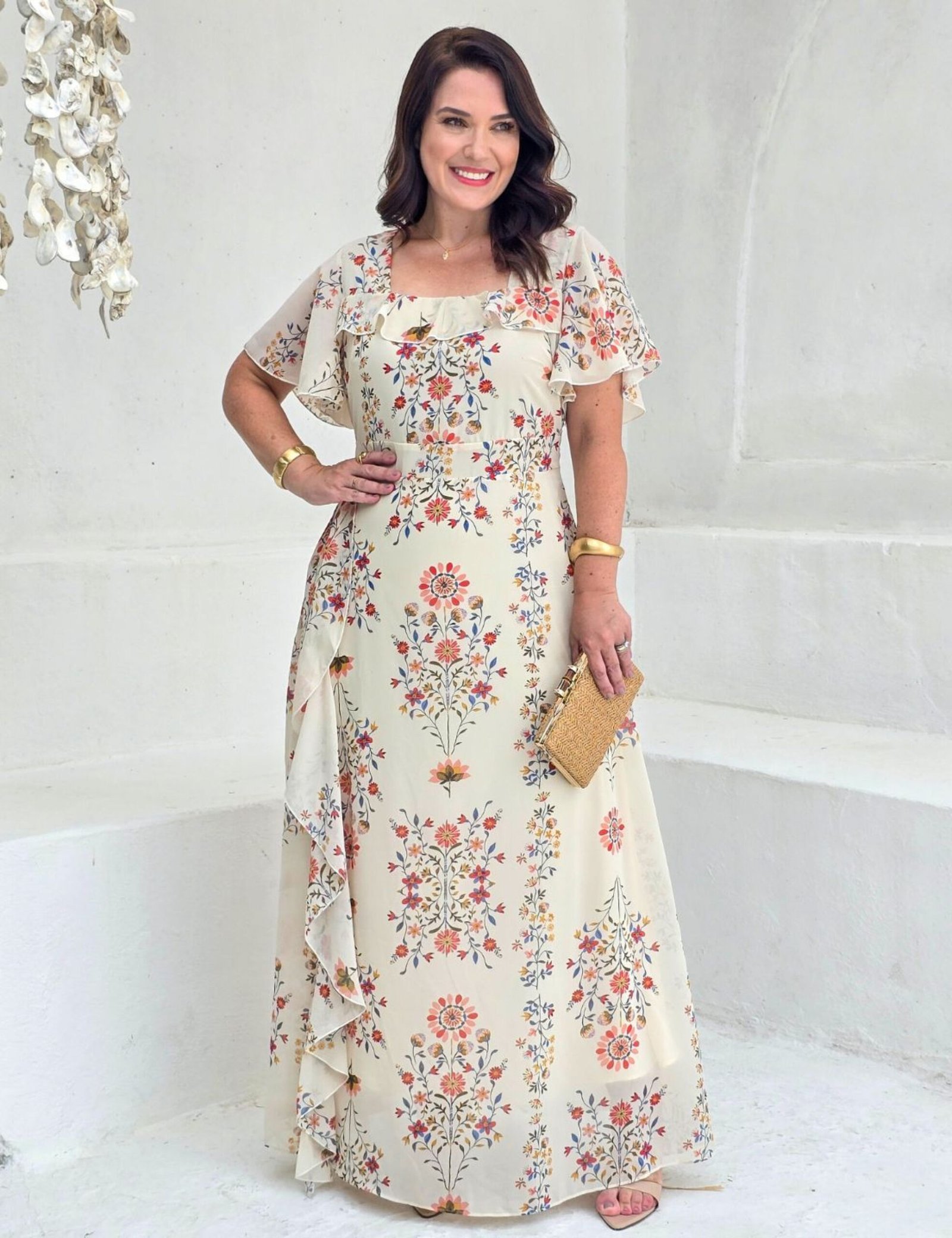 Vestido Longo Chiffon Estampado Floral Bege - Dona Charme - Imagem 5