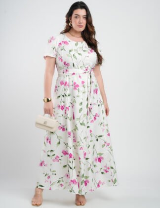 Vestido Longo Twill Estampa Floral Branco - Dona Charme
