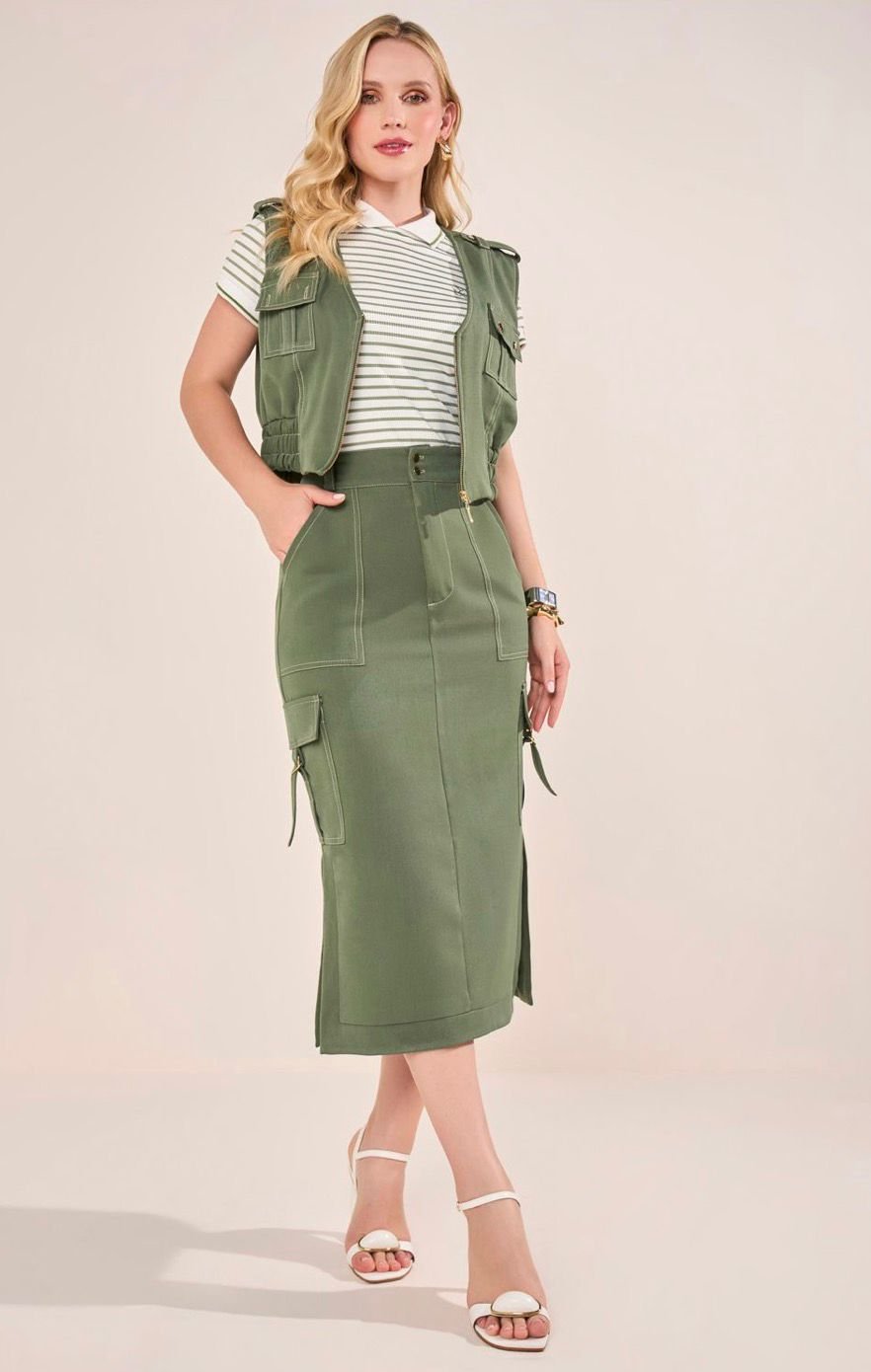 Conjunto Feminino Verde com Colete de Zíper e Saia Midi - Fascinius