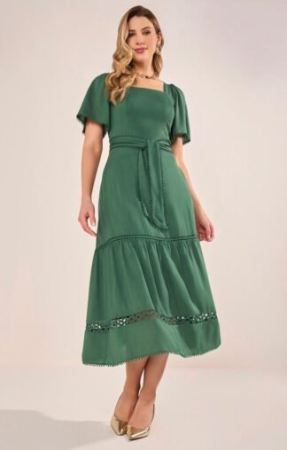 Vestido Midi Evasê Verde com Decote Quadrado e Guipir - Fascinius ref: 302816VD
