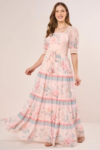 Vestido Salmão Floral Com Guipir E Cinto Artesanal Evasê Longo Fascinius ref: 302986SL
