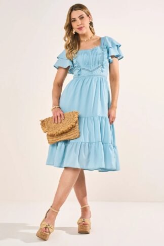 Vestido Azul Babados Saia Em Marias Evasê Curto Fascinius