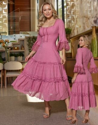 Vestido midi em lasie com guipir - Doce Maria