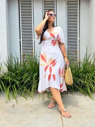 Vestido bege claro estampado - Achadinhos Dany Canela