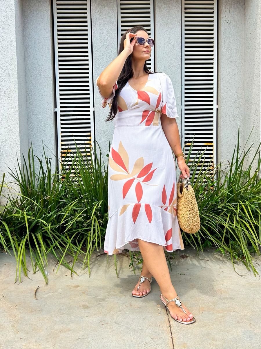 Vestido bege claro estampado - Achadinhos Dany Canela