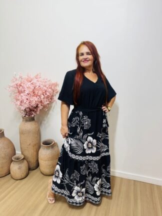 Vestido midi preto estampado - Achadinhos Dany Canela
