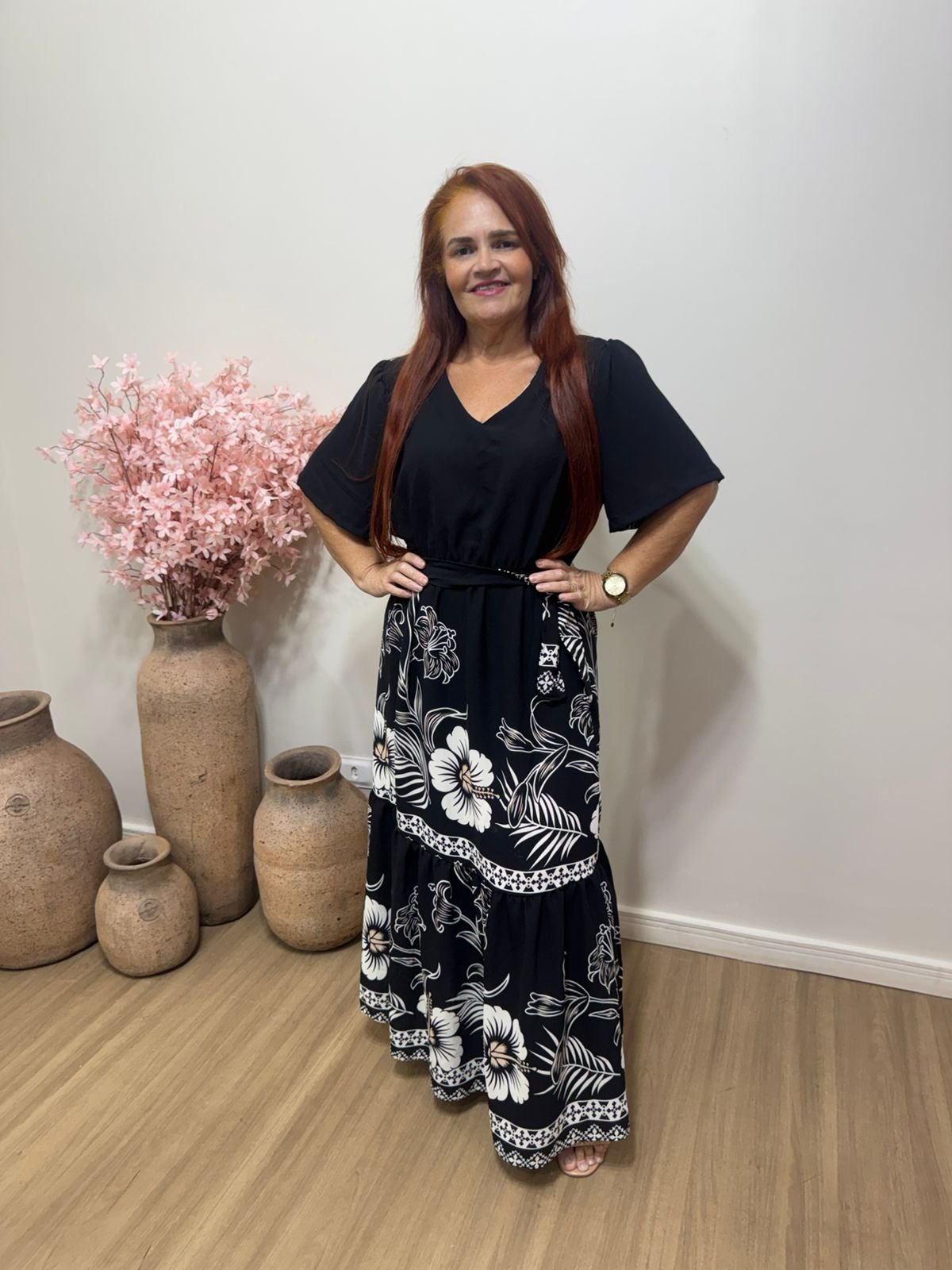 Vestido midi preto estampado - Achadinhos Dany Canela - Imagem 2