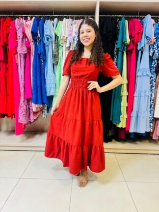 vestido terracota com manga bordada - Achadinhos Dany Canela