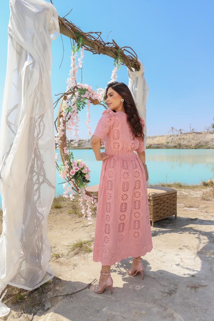 Vestido de lasie com bordados midi - Imagem 6