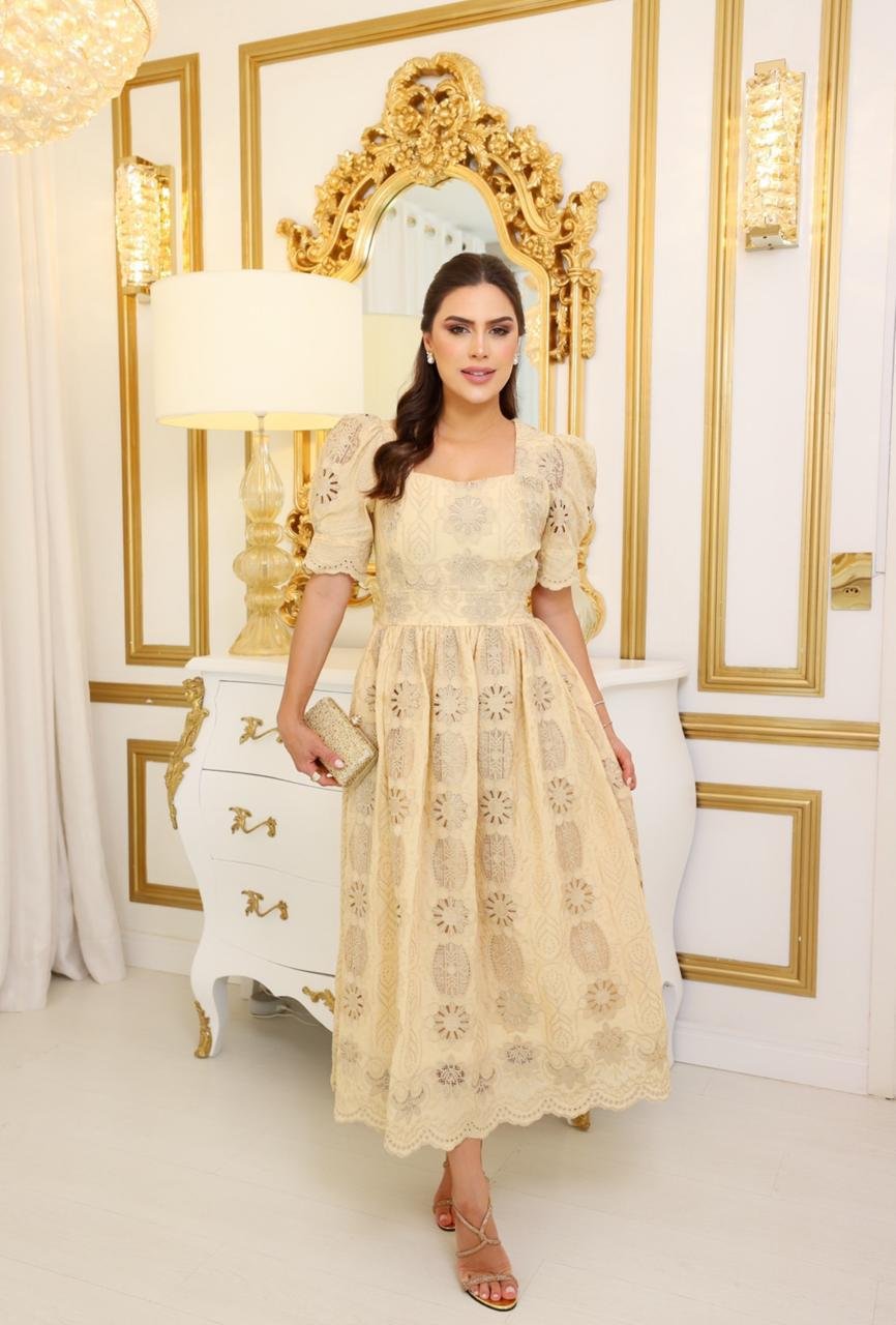 Vestido de lasie com bordados midi - Imagem 9