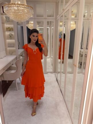 Vestido Midi Laranja com Fivela Gold e Babados - Montaria