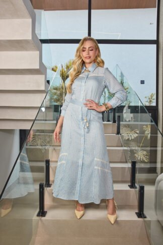 Vestido azul listrado com botões funcionias - Dazul