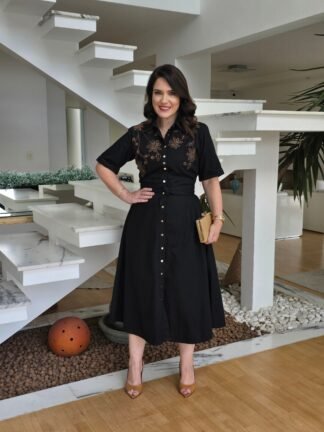 28187 VESTIDO GODÊ JEANS COM BORDADO - Titanium